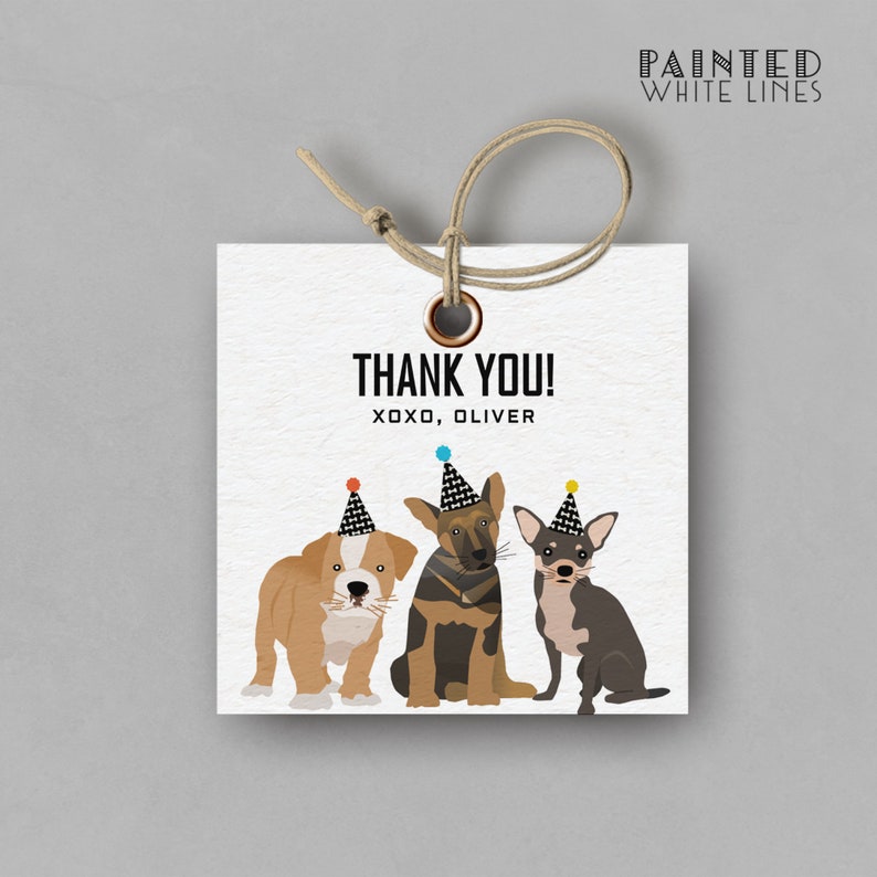 May include: Thank you card with three dogs wearing party hats. The card says "Thank You! XOXO, Oliver".