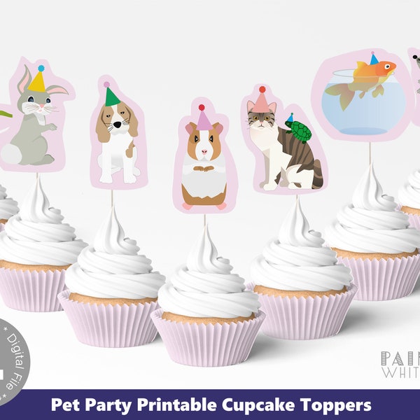 Pet Party Cupcake Topper and Wrapper Printable Bunny Rabbit Parrot Guinea Pig Dog Mouse Cat Turtle Kids Last Minute Birthday Pawty PWL3