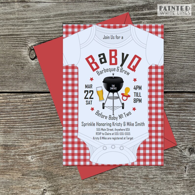 May include: A red and white gingham baby shower invitation with a white onesie design. The onesie has the text "Baby Q Barbeque & Brew" and a grill with a beer and a pacifier. The date is 22nd March and the time is 4pm to 8pm. The invitation is for Kristy & Mike Smith.