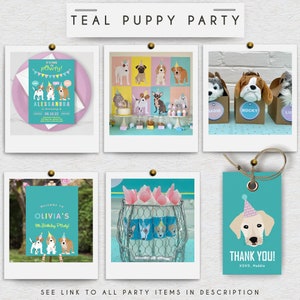 Pode incluir: Decora&ccedil;&otilde;es de festa de cachorrinho azul-turquesa com um convite azul-turquesa e amarelo, uma placa de boas-vindas, uma etiqueta de agradecimento e uma foto de uma mesa de sobremesas com um bolo e cupcakes. As decora&ccedil;&otilde;es apresentam cachorrinhos de desenho animado usando chap&eacute;us de festa.