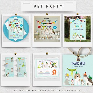 May include: A set of printable party decorations for a pet-themed birthday party. The set includes a welcome sign, invitation, thank you tag, food labels, and a certificate of adoption. The decorations feature a variety of animals, including dogs, cats, rabbits, and a snake. The colors are bright and cheerful, with a blue and green color scheme.