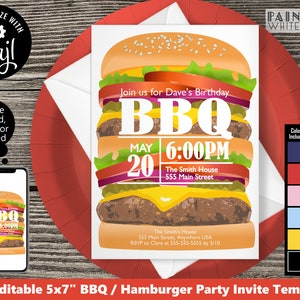 Backyard BBQ Invitation Template Digital Burger Party Invitation Cheeseburger Picnic Any Age Editable Textable Birthday Invite PWL8
