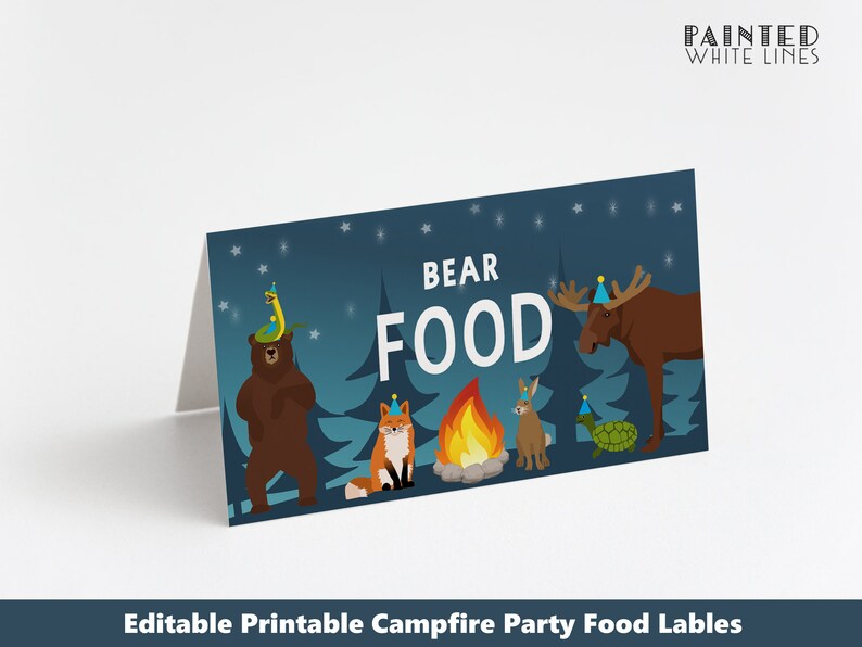 May include: Printable food labels for a campfire party. The labels feature a bear, fox, moose, rabbit, and turtle wearing party hats. The text on the label reads "Bear Food".