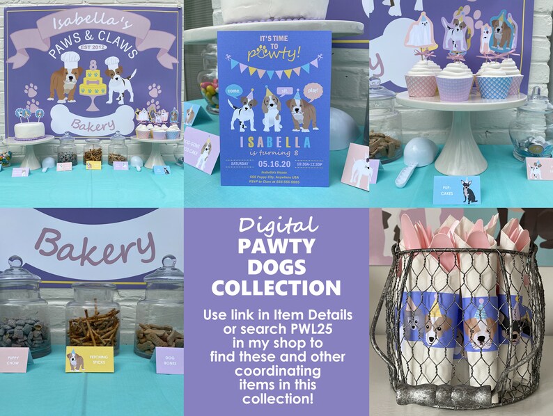 Puede incluir: Una colecci&oacute;n de fiesta digital imprimible en morado y blanco para una fiesta con tem&aacute;tica de perros. La colecci&oacute;n incluye un letrero que dice "Isabella's Paws & Claws Bakery", una invitaci&oacute;n de fiesta y un juego de servilletas con ilustraciones de perros. El texto "Digital Pawty Dogs Collection" se muestra en una pancarta morada y blanca. El texto "Utilice el enlace en los detalles del art&iacute;culo o busque PWL25 en mi tienda para encontrar estos art&iacute;culos y otros art&iacute;culos coordinados en esta colecci&oacute;n!" tambi&eacute;n se muestra.