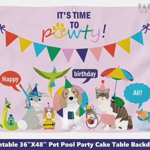 Pet Pool Party Tema Banner Sfondo di compleanno Pet Party Sign Digital Adotta un animale domestico Adozione Ragazze Petting Zoo Sfondo Pawty stampabile PWL3P