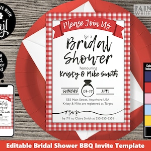 May include: Editable bridal shower invitation template with a red and white gingham pattern. The invitation says "Please Join Us for a Bridal Shower honoring Kristy & Mike Smith". The invitation also includes the date, time, and location of the shower. The text "Colors Included" is in the upper right corner of the image.