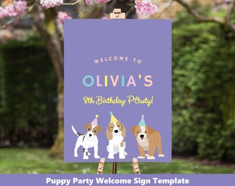 Puede incluir: Un cartel de bienvenida morado con el texto "Bienvenido a la fiesta de Olivia por su 8º cumpleaños!" y tres perros de dibujos animados con sombreros de fiesta.