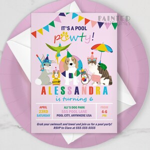 May include: A pink pool party invitation with colorful flags and a cartoon illustration of animals wearing swimsuits and pool accessories. The text reads "It's a pool powty! Alessandra is turning 6. April 23rd Saturday. Ali's Dog Park 555 Pool Lane Pool City, Anywhere USA. From 4-6 PM. Grab your swimsuit and towel and join us for a pool party! RSVP to Clare at 555-555-5555."