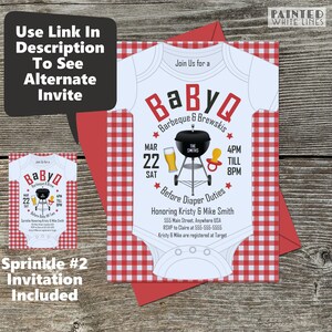 May include: A red and white checkered baby shower invitation with a white onesie design. The onesie has the text "BaByQ Barbeque & Brewskis" and a grill with a beer and a pacifier. The invitation includes the date "Mar 22 Sat", the time "4PM till 8PM", and the text "Honoring Kristy & Mike Smith".