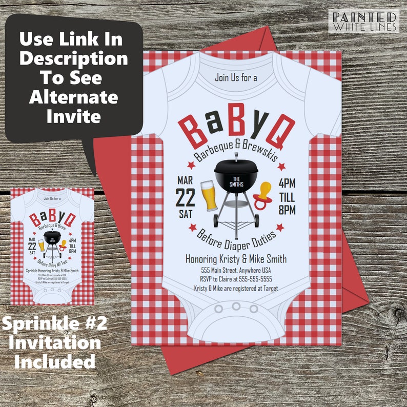May include: A red and white checkered baby shower invitation with a white onesie design. The onesie has the text "BaByQ Barbeque & Brewskis" and a grill with a beer and a pacifier. The invitation includes the date "Mar 22 Sat", the time "4PM till 8PM", and the text "Honoring Kristy & Mike Smith".