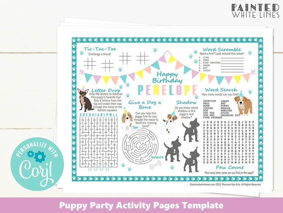 Puppy Dog Party Birthday Activity Kids Activity Sheet Printable Editable Template Coloring Sheet Activity Pages Kids Coloring Sheet PWL6
