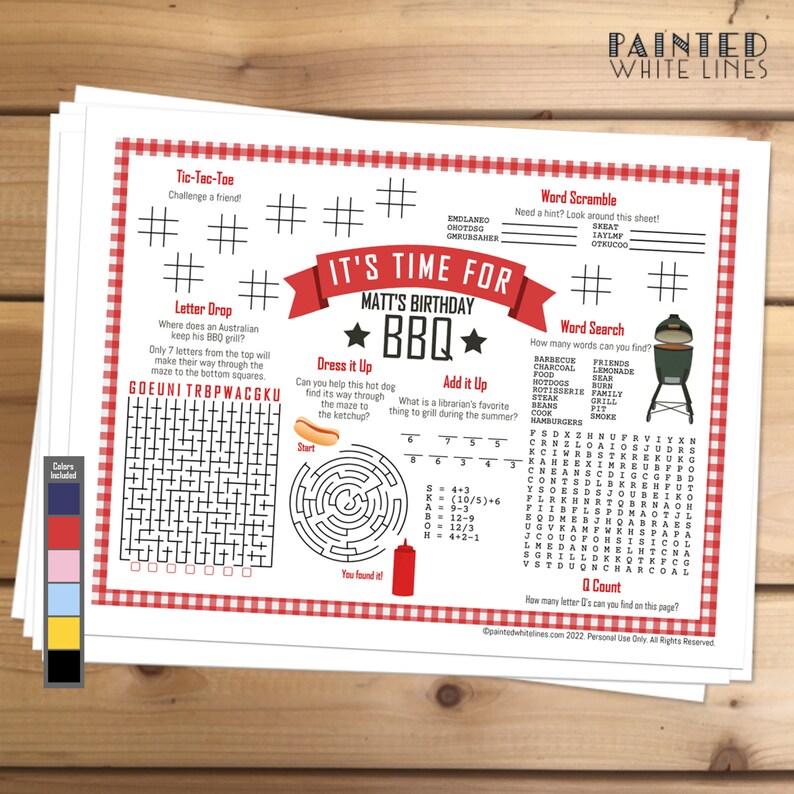 May include: A red and white printable activity sheet with the text "It's Time for Matt's Birthday BBQ" and various games including a word search, word scramble, tic-tac-toe, and a letter maze.