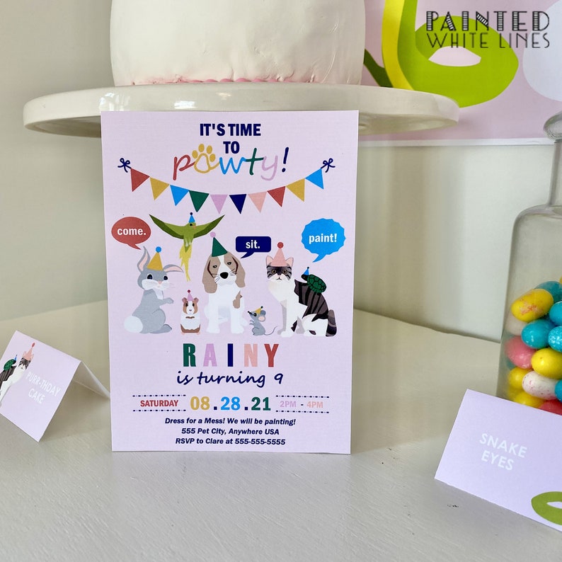 May include: A pink birthday party invitation with colorful illustrations of animals wearing party hats. The invitation says "It's time to pawty!" and "Rainy is turning 9". The date and time of the party are listed as "Saturday 08.28.21 2PM-4PM".