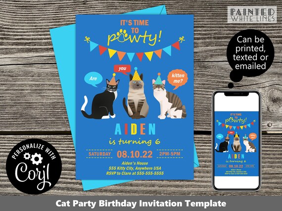Boys Cat Birthday Party Invitation Template Download Cat | Etsy
