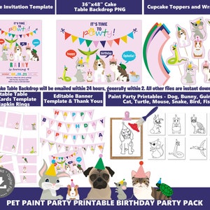 May include: Printable pet-themed birthday party pack with a pink background. Includes a 36" x 48" cake table backdrop, editable banner, tent cards, napkin rings, and cupcake toppers. Features a variety of animals including a dog, cat, bunny, guinea pig, turtle, mouse, snake, bird, and fish.  The text "IT'S TIME TO POWTY!" is featured on the cake table backdrop.