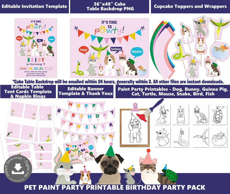 May include: Printable pet-themed birthday party pack with a pink background. Includes a 36" x 48" cake table backdrop, editable banner, tent cards, napkin rings, and cupcake toppers. Features a variety of animals including a dog, cat, bunny, guinea pig, turtle, mouse, snake, bird, and fish.  The text "IT'S TIME TO POWTY!" is featured on the cake table backdrop.