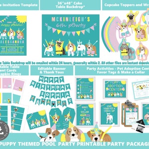 May include: Printable party package for a puppy themed pool party. The package includes a 36x48 inch cake table backdrop, editable table tent cards, editable banner, cupcake toppers, and activity sheets. The color scheme is turquoise, yellow, and pink.