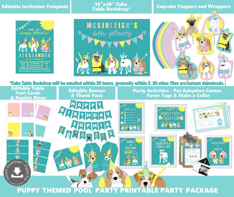 May include: Printable party package for a puppy themed pool party. The package includes a 36x48 inch cake table backdrop, editable table tent cards, editable banner, cupcake toppers, and activity sheets. The color scheme is turquoise, yellow, and pink.
