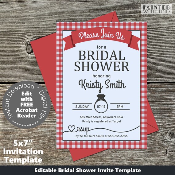 Bridal Shower Invitation Template Gingham Red White Check Etsy