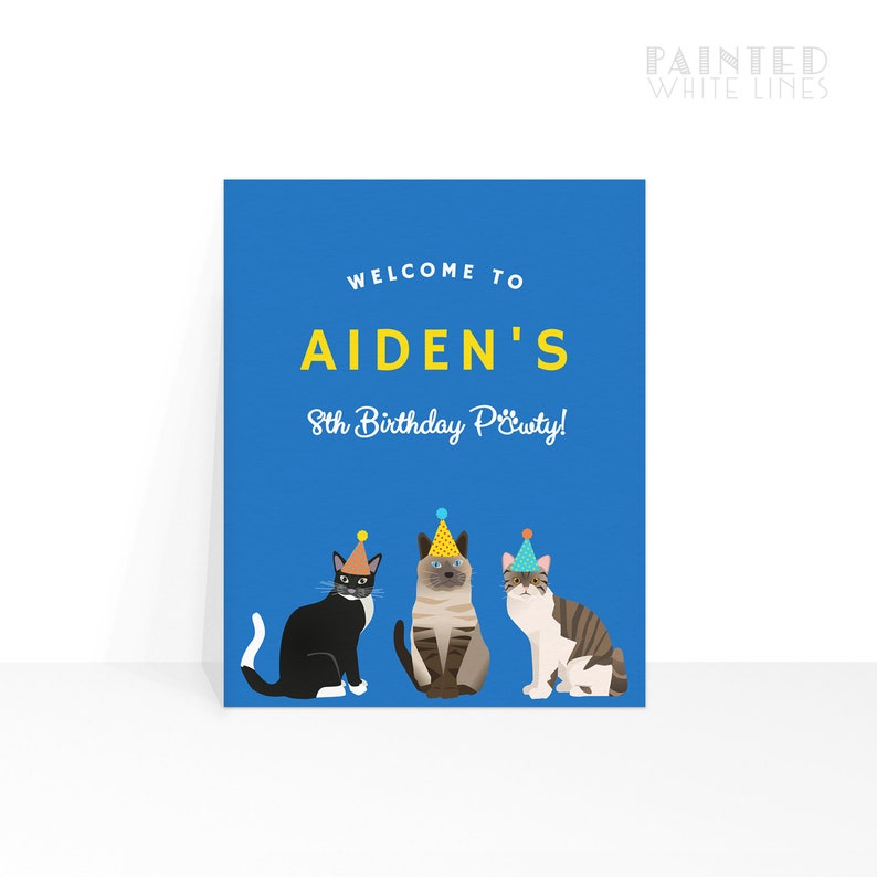 May include: Blue birthday party invitation with the text "Welcome to Aiden's 8th Birthday Party!" and three cats wearing party hats.
