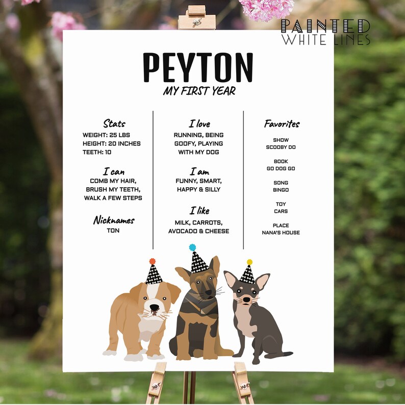 May include: A printable first birthday sign for a child named Peyton. The sign features a black and white design with a photo of three dogs wearing party hats. The sign includes information about the child's weight, height, teeth, favorite activities, and favorite things.