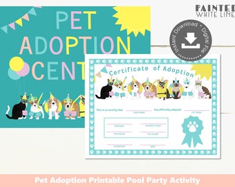 Pool Party Favor Pool Party Activity Puppy Dog and Kitty Cat Pet Adoption Certificate Printable Girls Adopt a Pet Birthday Pool Party PWL14