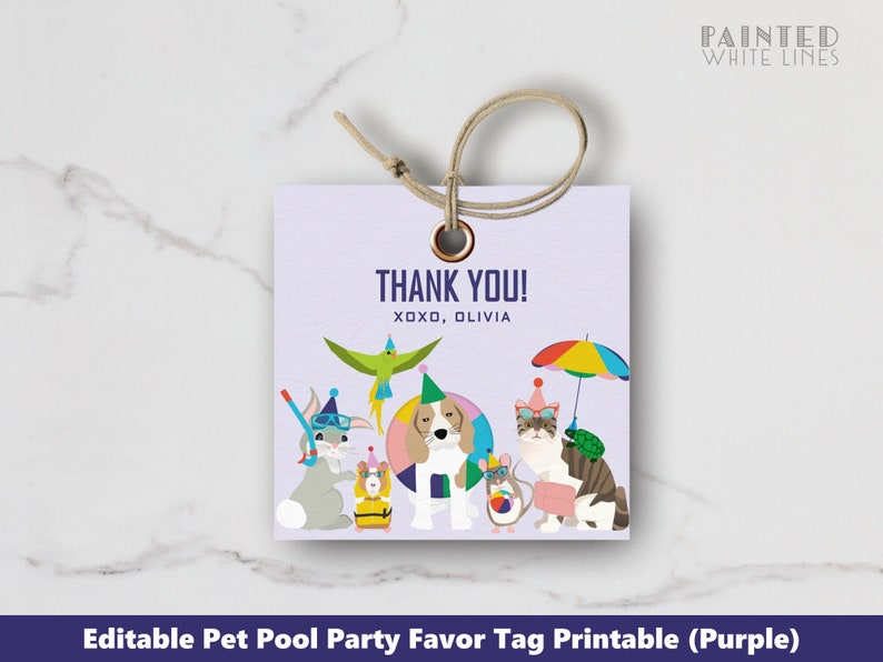 Pu&ograve; includere: Etichetta di ringraziamento viola con bordo bianco. L'etichetta presenta un'illustrazione di cartoni animati di un cane, un gatto, un coniglio e un topo che indossano accessori per feste in piscina. Il testo "THANK YOU! XOXO, OLIVIA" &egrave; stampato sull'etichetta.