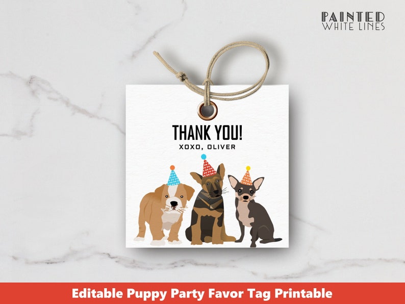 May include: Printable thank you tag with three cartoon puppies wearing party hats. The tag says "Thank You! XOXO, OLIVER".