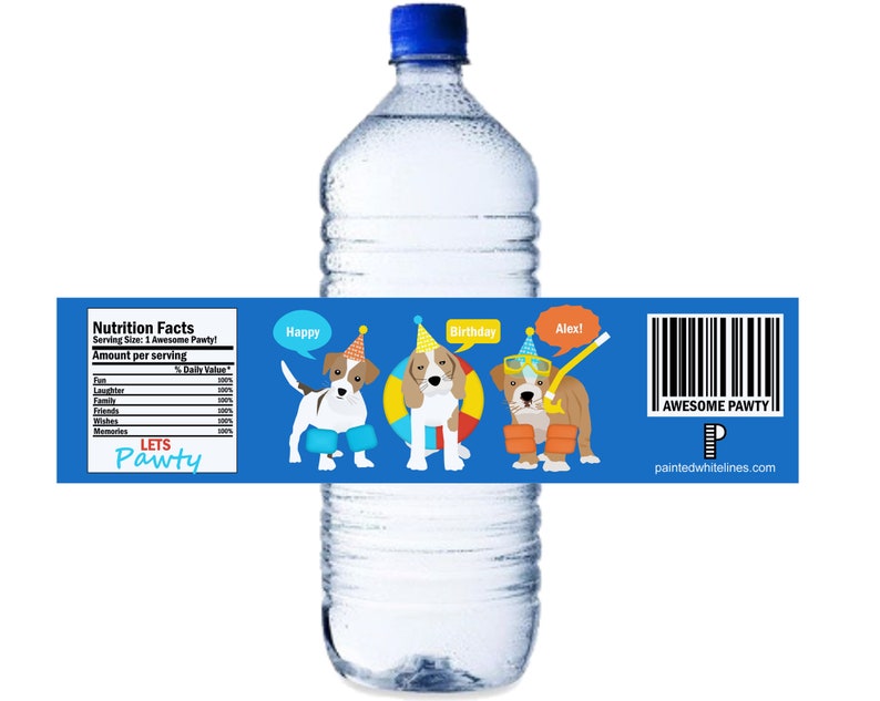 May include: Water bottle label with a blue background and three cartoon dogs wearing party hats. The label says "Let's Pawty" and has a nutrition facts label with fun facts like "laughter" and "friends".