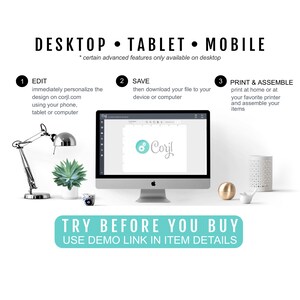 May include: A computer screen displaying a design template with the text "Cory!" in a light blue font. The screen is on a desk with a lamp, a succulent plant, and a gold decorative sphere. The text "DESKTOP TABLET MOBILE" is at the top of the image. The text "TRY BEFORE YOU BUY USE DEMO LINK IN ITEM DETAILS" is at the bottom of the image.
