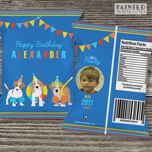 May include: A blue and orange party favor bag with a paw print design. The bag has a picture of a boy and the text "Let's Pawty". The bag also has a nutrition facts label with the text "Awesome Pawty".