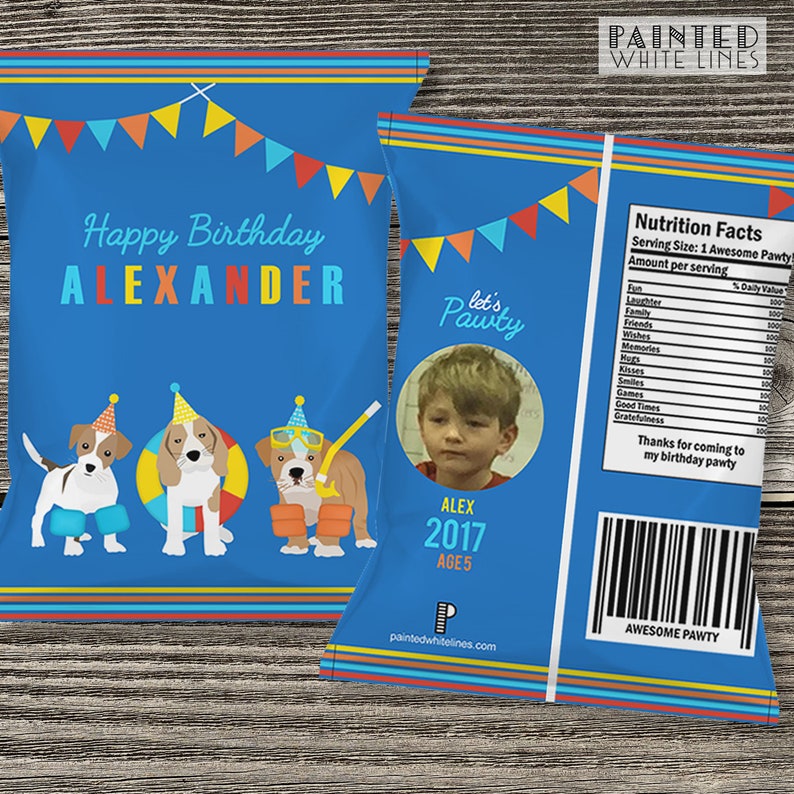 May include: A blue and orange party favor bag with a paw print design. The bag has a picture of a boy and the text "Let's Pawty". The bag also has a nutrition facts label with the text "Awesome Pawty".