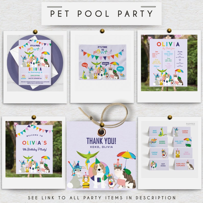 May include: A set of printable party decorations for a pet pool party. The decorations feature a purple background with colorful illustrations of dogs, cats, and other animals wearing pool accessories. The text on the decorations includes "It's a pool powty!" and "Olivia is turning 8".