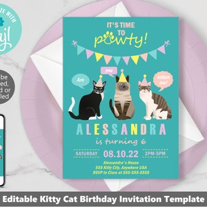Cat Birthday Invitation Template Download Printable Cat Party Invitations Cat Party Supplies Cat Party Invite Cat Birthday Pawty Corjl PWL7