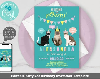 Cat Birthday Invitation Template Download Printable Cat Party Invitations Cat Party Supplies Cat Party Invite Cat Birthday Pawty Corjl PWL7