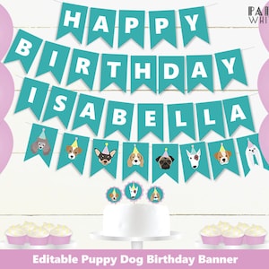 Modelo de faixa para impressão de festa de cachorro, decoração de aniversário de meninas, faixa de bandeira para meninas, cachorro, faixa de festa de aniversário pwl6