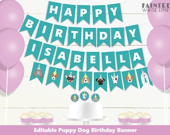 Puppy Party Printable Banner Template Girls Birthday Decorations puppy flag banner Girls puppy Dog Birthday Party Banner PWL6