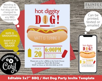 Hot Dog Party Invitations Template Digital Party Invitation Picnic Backyard BBQ Any Age Editable Textable Birthday Invitation PWL8