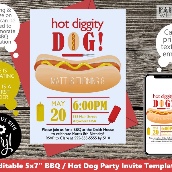 Hot Dog Party Invitations Template Digital Party Invitation Picnic Backyard BBQ Any Age Editable Textable Birthday Invitation PWL8