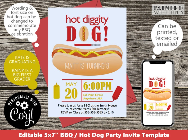 May include: Editable 5x7 inch BBQ / Hot Dog Party Invite Template. The invitation features a cartoon hot dog with the text "hot diggity DOG!" and the words "Matt is turning 8". The invitation is blue with red and yellow accents. The text on the invitation says "May 20, 6:00 PM, 555 Main Street, Anywhere USA. Please join us for a BBQ at the Smith House to celebrate Matt's 8th Birthday! RSVP to Clare at 555-555-5555 by 5/10."