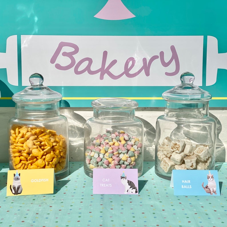 May include: Three glass jars filled with different treats for a cat party. The jars are labeled "Goldfish Balls", "Cat Treats", and "Hair Balls". Each jar has a cartoon cat wearing a party hat on the label.