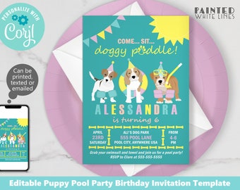 Puppy Pool Party Invitation Template Editable Digital Text Email Print Girls Birthday Swim Party Invite Doggy Paddle Invitation Corjl PWL13