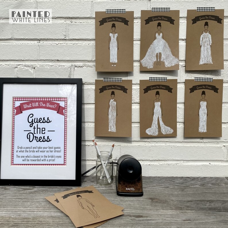 May include: A printable bridal shower game with a brown background and white text. The game is called "Guess the Dress" and asks guests to guess what the bride will wear. The game includes six different dress options for guests to choose from.