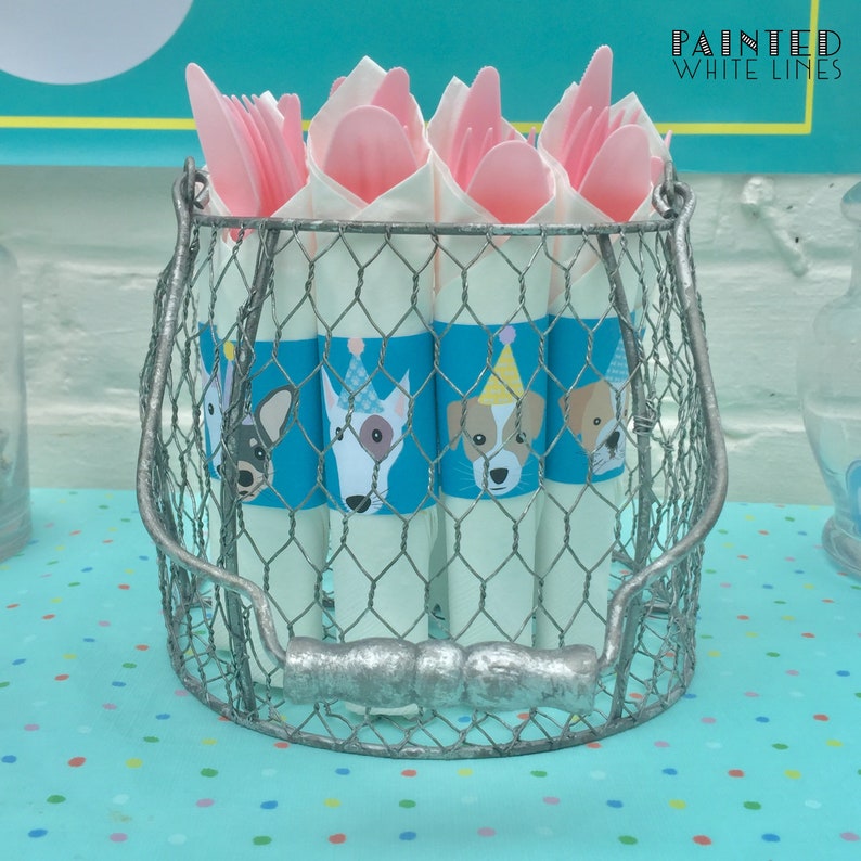 May include: A silver wire basket filled with white paper napkins wrapped around pink plastic forks and spoons. The napkins are decorated with blue and white stripes and images of dogs wearing party hats. The text "PAINTED WHITE LINES" is visible in the upper right corner of the image.
