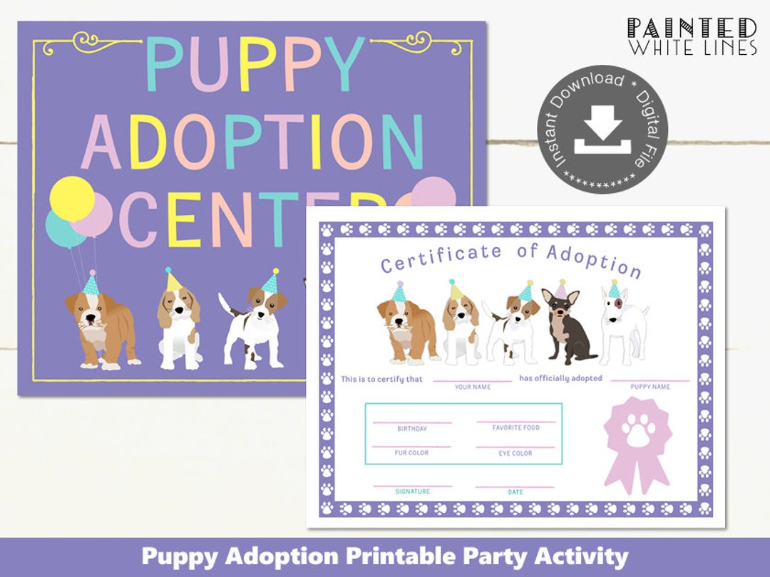 Puppy Dog Adoption Certificate Printable Girls Birthday Party Favor ...