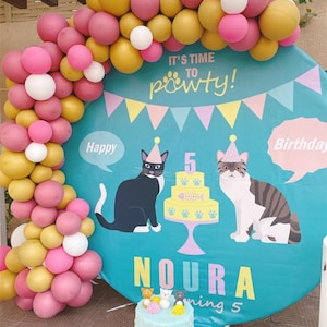 Kitty Cat Party Digital Circular Backdrop Round Backdrop Kids Birthday Banner Cat Theme Party Cat Party Girls Birthday Party Decor Sign PWL7