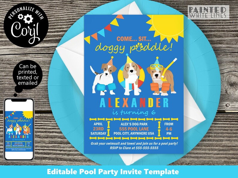 May include: A blue and yellow pool party invitation with a cartoon dog wearing a party hat and sunglasses. The invitation says "Come... Sit... doggy paddle!" and "Alexander is turning 6".