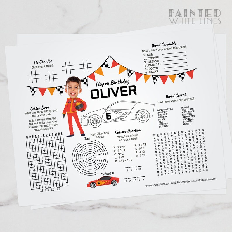 May include: A printable birthday activity sheet for a child named Oliver, featuring a red race car with the number 5 on it. The sheet includes a word search, word scramble, maze, and tic-tac-toe game. The sheet is decorated with red, orange, and yellow flags.