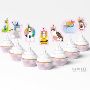 May include: Set of 7 cupcake toppers featuring various animals wearing party hats and summer accessories. The animals include a snake, rabbit, dog, guinea pig, cat, goldfish, and mouse. The toppers are printed on cardstock and are perfect for adding a fun touch to your next party.