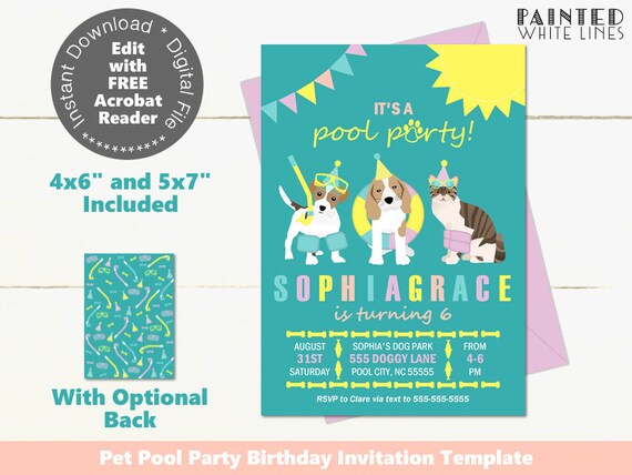 Pool Party Invitation Pool Birthday Invitation Cat Dog Paddle Etsy